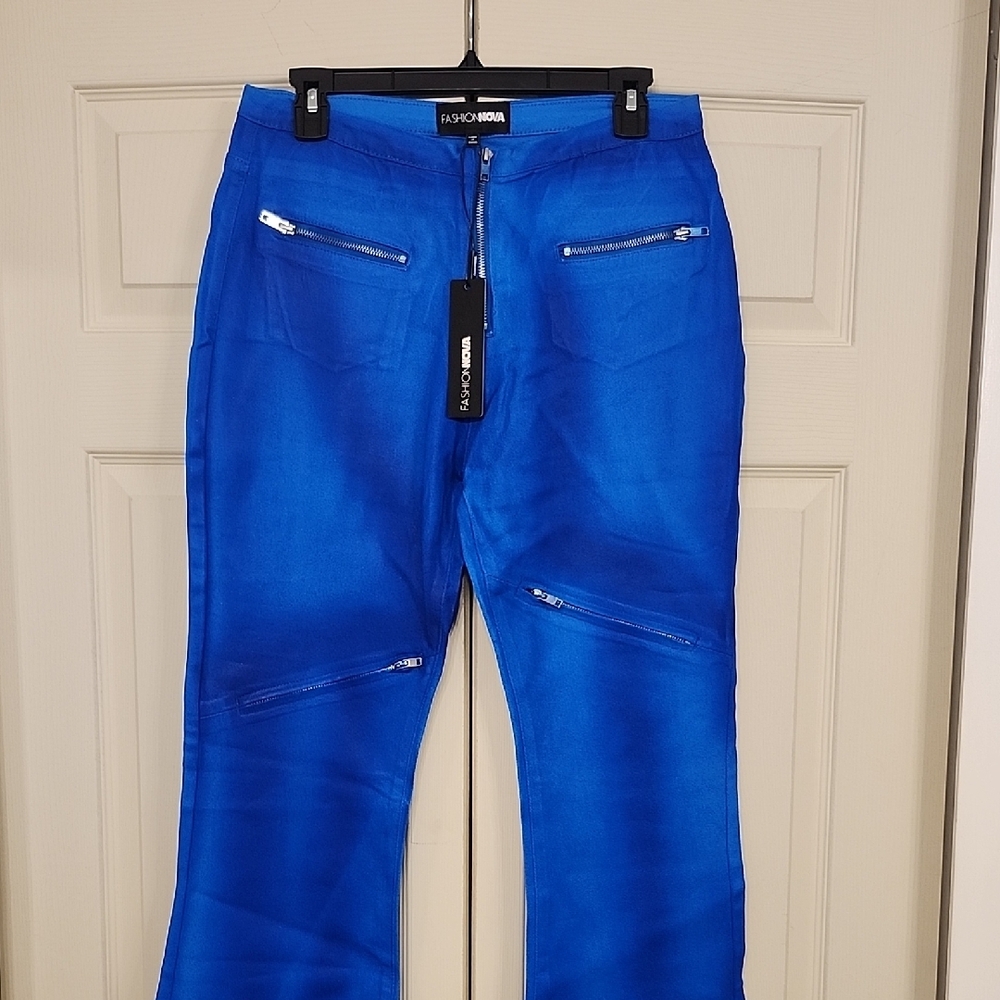 Fashion Nova Topic Of Discussion Coated Moto Flare Jeans - Blue